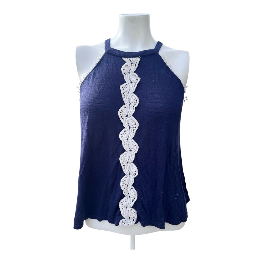 Rue21 Flowy Navy Halter Tank Top w/ Lace Overlay and Keyhole Back Size M